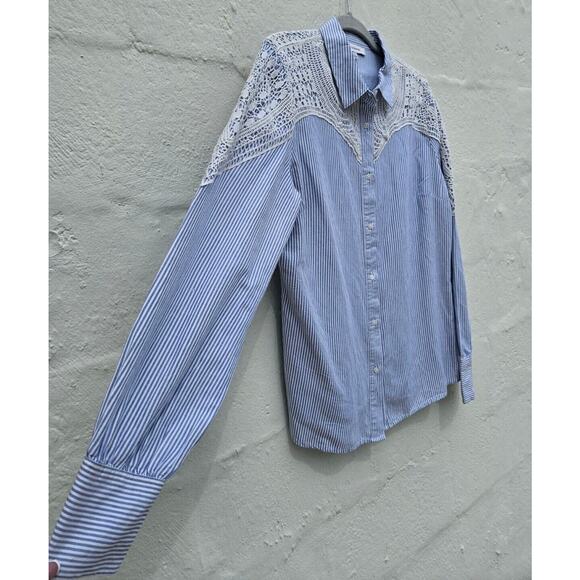 Calligraphie Anthropologie Top Large Blue White Striped Button Up Ivory Crochet - Picture 5 of 13